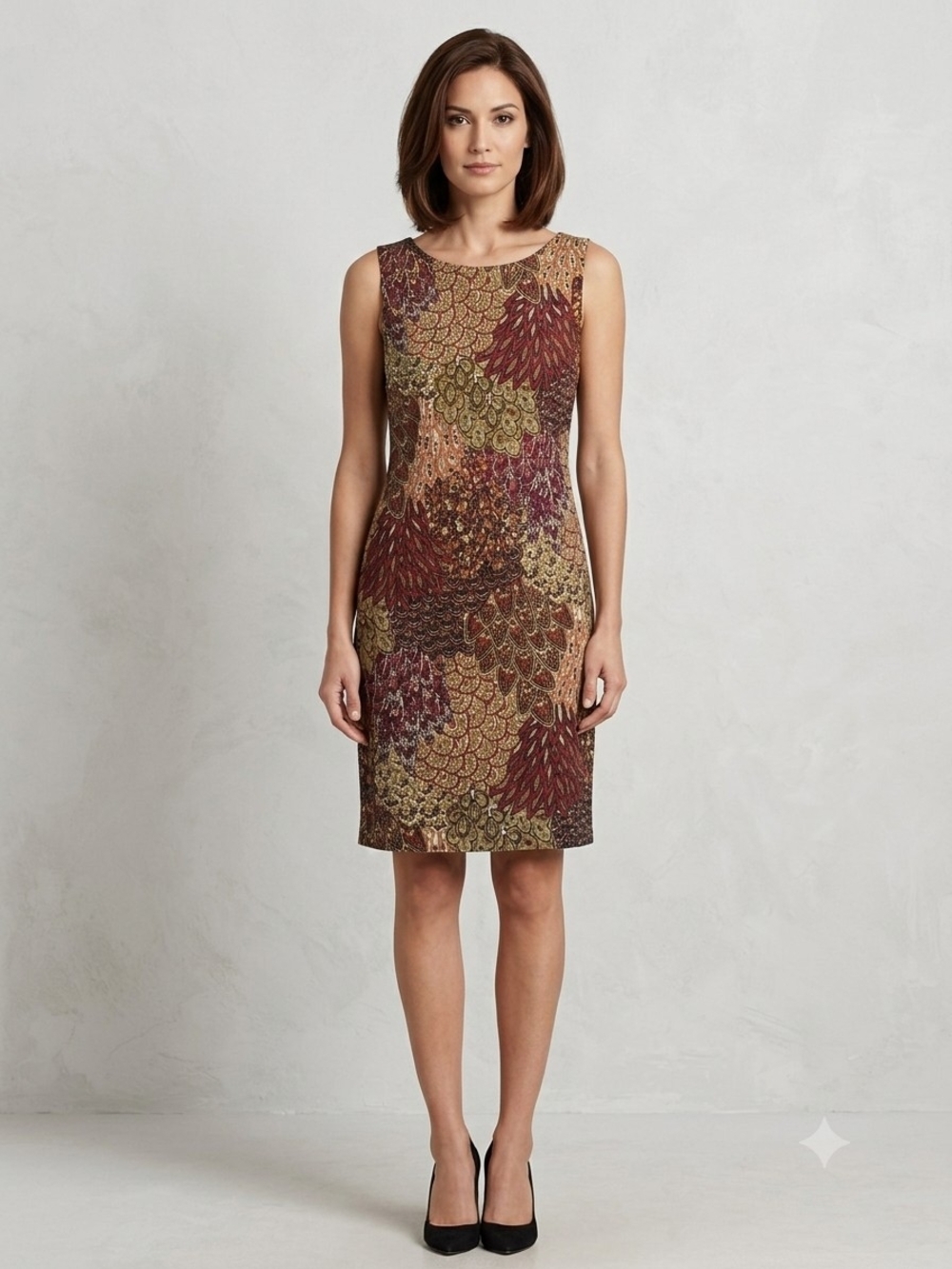 connected apparel Burgundy and Gold Sleeveless Jacquard Sheath Dress